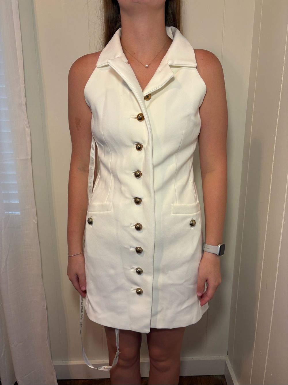 Sleeveless White Button-Front Mini Dress with Collar